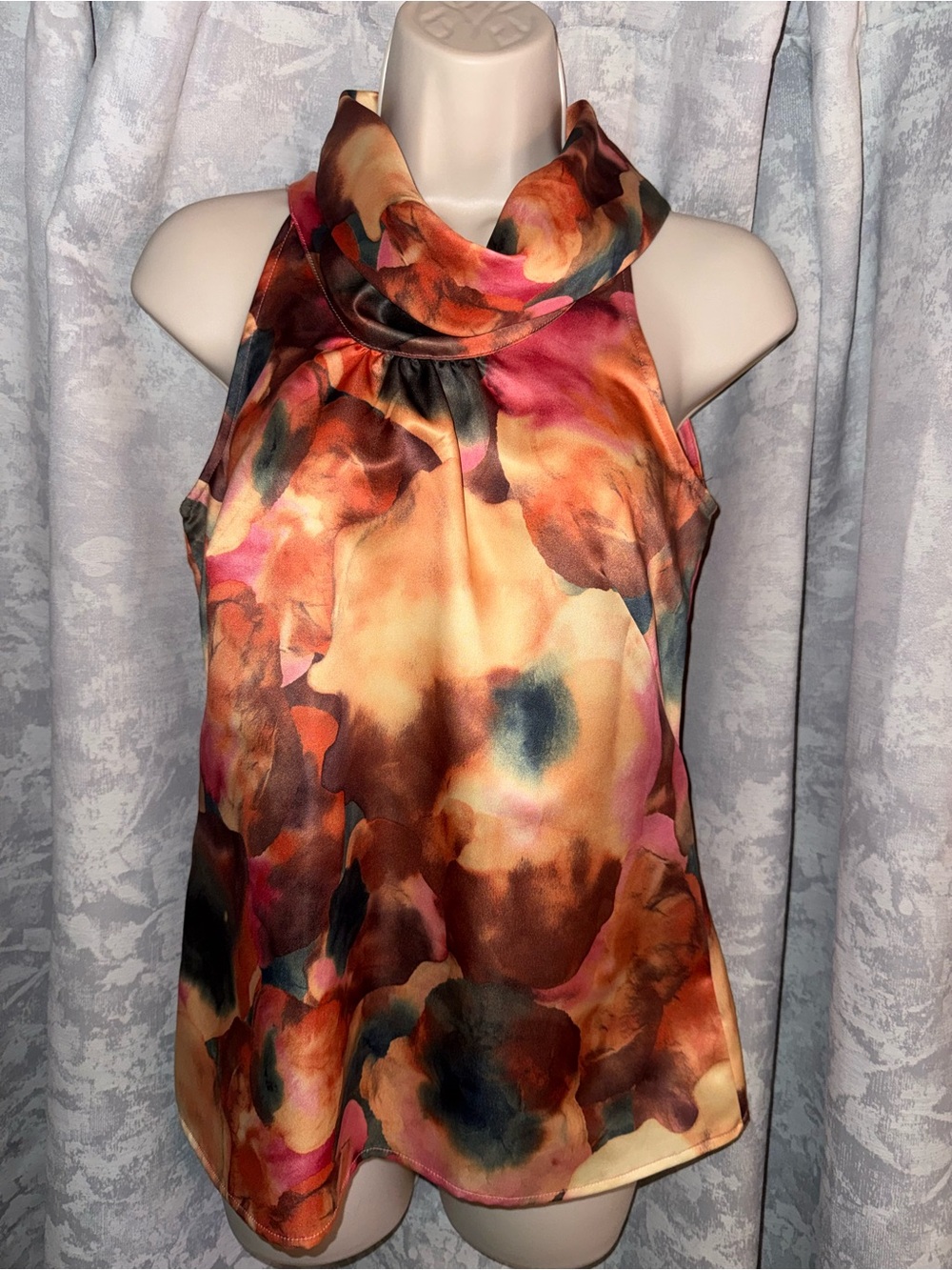 Merona Watercolor-Print Sleeveless Cowl Neck Top in Peach, Coral & Navy
